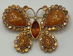 Vintage Orange Rhinestone Butterfly Brooch Pretty Costume Jewelry - Picture 1 of 8