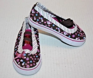 SMARTFIT Brown Pink Canvas Floral Striped Mary Janes Slip On Toddler Girl Size 7 - Picture 1 of 7