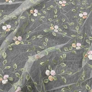 1 Yard Embroidery Green Leaf Floral Applique tulle lace fabric for spring garden - Picture 1 of 11