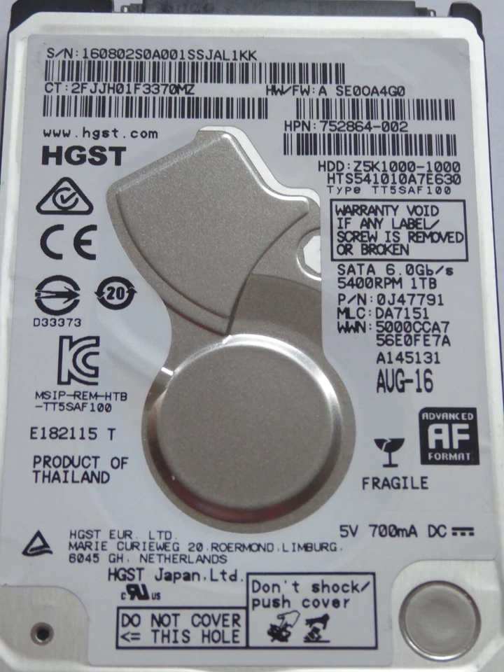 HGST HTS541010A7E630 MLC: DA7151 P/N: 0J47791 AUG-16 1TB - Bild 1 von 1