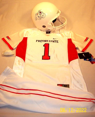 NWT YOUTH MEDIUM #1 FRESNO STATE BULLDOG WHITE FOOTBALL JERSEY HELMET TB UNIFORM Cover