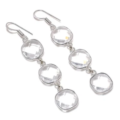 Pendiente de plata de ley 925 hecho a mano con piedras preciosas de topacio blanco natural 2,76" regalo m92 Foto 1 de 4