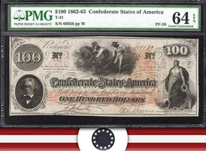 T-41 1862 $100 CONFEDERATE CURRENCY  PMG 64 EPQ PF-26 CIVIL WAR NOTE 66926 - Picture 1 of 3