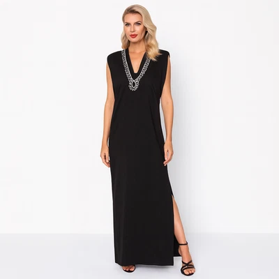 Sass & Bide Black Embellished Maxi Dress Size S Pima Cotton Beaded Neckline - Image 1 of 4