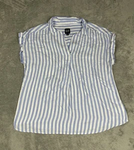Gap Shirt Women's Large V-neck Striped Short Seeves Blouse Blue White - Picture 1 of 6