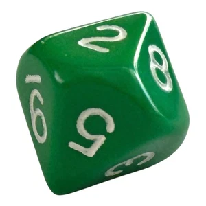 One 10-Sided Polyhedral Die Green with White Numbers 24 mm tip-to-tip Dice 0-9 - Picture 1 of 5