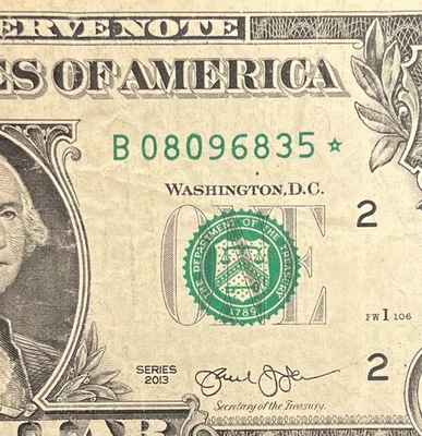 2013 Duplicate B Series New York $1 STAR Note Fort Worth Error B 08096835*!!! - Image 1 of 3