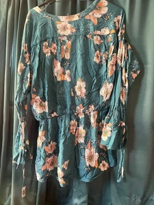 Teal Floral Wrap Blouse – Long Sleeve, V-Neck, Gathered Waist, Size Large - Picture 1 of 4