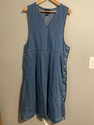 Blue J Denim Dress Womens Large Blue Sleeveless V-Neck Button Side Pleated Midi - Image 1 of 4