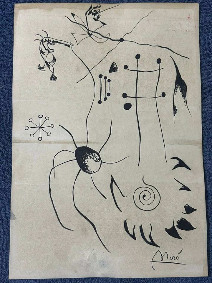 desenho e pintura de joan miro em papel antigo assinado carimbado vintage - Imagem 1 de 3