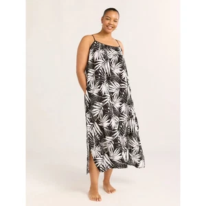 JOYSPUN MIDI LANGES NACHTHEMD TRÄGER TASCHEN SCHWARZ WEISS BLUMENDRUCK L - Bild 1 von 6