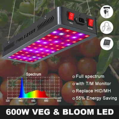 Phlizon 600W LED Grow Light lámpara de plantas de espectro completo plantas de interior Veg Bloom