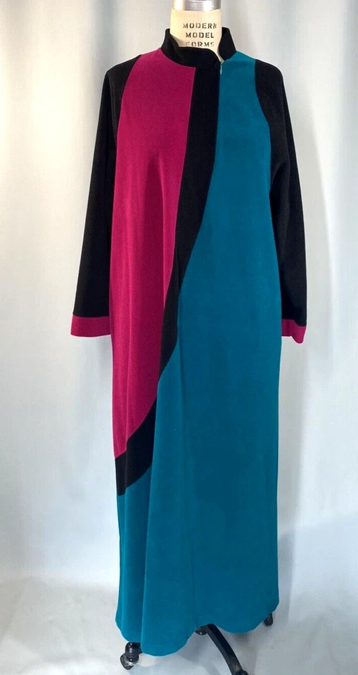 Винтажная ночная рубашка халат размер средний бархат 80-х 90-х сине-розовый VANITY FAIR - Изображение 1 из 4