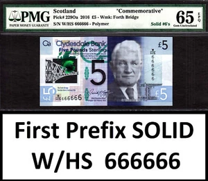 Polimero scozzese 5 libbre 1° prefisso con serie HS SOLID 666666 GEMMA UNC PMG 65 EPQ - Foto 1 di 2