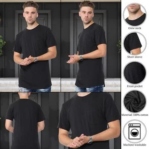 Men’s Plain T-Shirt Cotton Short Sleeve Crew Neck Long T Shirt with Front Pocket - Picture 1 of 21