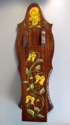 Vtg Wooden Fireplace Match Holder Yellow Flower Hand Carved Wall Folk Art Farm - Image 1 of 4