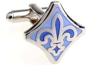 Fleur-de-lys Pair Cufflinks Blue Lily Wedding Fancy Gift Box & Polishing Cloth - Picture 1 of 3