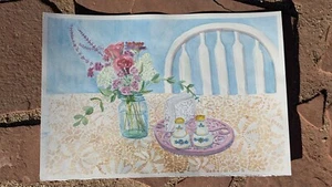 Fresh Morning Flower Bouquet Original Watercolor Painting  RAMfish Artist 22x15" - Picture 1 of 8
