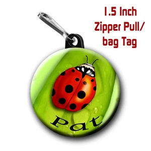Marienkäfer Reißverschluss Ziehen/Taschenetiketten zwei 1,5 Zoll Charms mit Namen nach Wahl - Bild 1 von 2