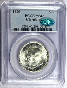 1936 PCGS MS65 Cleveland Classic Silver Commemorative Half with Green CAC Label - Picture 1 of 2