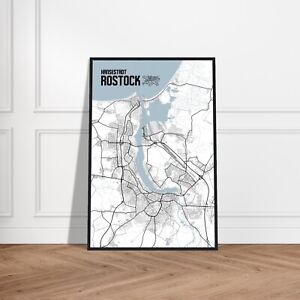Rostock Stadtplan 60x90 Stadtposter Kostenloser Versand Gerahmtes Poster Weiß