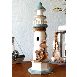 Deko Leuchtturm Holz 30 cm mit Anker weiss hellblau Shabby Chic Dekoration - Bild 1 von 7