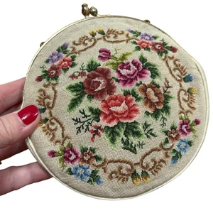 Vintage needlepoint petit point evening bag cream multicolor floral purse round - Picture 1 of 8