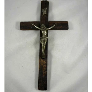 30er-40er Jahre religiöses Holz INRI silberfarben Jesus Christus Kruzifix - Bild 1 von 5