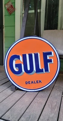 Letrero de metal en relieve de gasolina Gulf Dealer publicidad de gasolinera de colección Foto 1 de 4