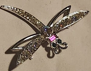 Dragonfly Brooch Vintage Signed Emmons SILVERTone Rhinestone Pin 2" - Picture 1 of 7