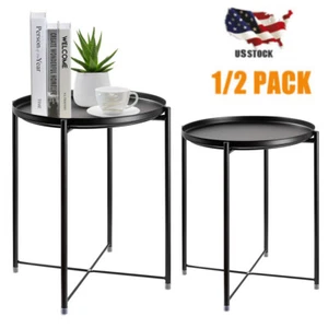 2er Pack Metall Tablett Tisch rund Beistelltisch Sofa Beistelltisch Wohnzimmer Schlafzimmer schwarz - Bild 1 von 5