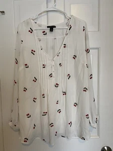 A Pea In The Pod Maternity Blouse White Cherry Red Large NWOT Polyester Long - Picture 1 of 8