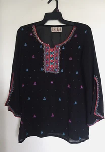 Esika Tunic Top Embroidered Boho Beaded Floral Blouse Sheer 3/4 Sleeve Black M - Picture 1 of 3