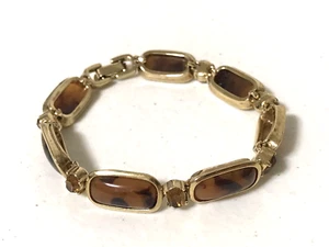 Gold Tone Tortoise Shell Style Amber Tone Rhinestones Bracelet 7"Animal Printed - Picture 1 of 9