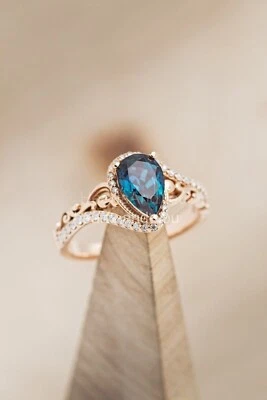 1.5ct Pear Cut Natural London Blue Topaz & Diamond 100% 14k SOLID Rose Gold Ring - Image 1 of 4