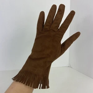 Coach Italy Soft Suede Fringe Gloves Silk Lined Sz 7.5 Leather Western Vtg - Picture 1 of 7