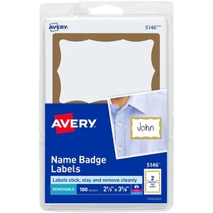 Avery 5146 Name Badge Labels, Gold Border, 2-1/3 x 3-3/8", Pack of 100 - Picture 1 of 1