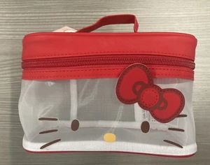 NWT MINISO HELLO KITTY WITH RED BOW MESH TRANSPARENT QUADRATE BARREL MAKEUP BAG - Picture 1 of 12