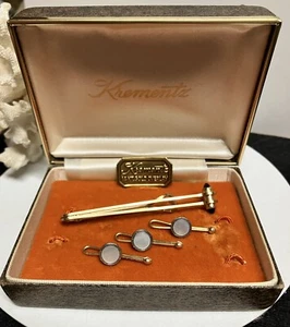 Vintage KREMENTZ 14K GOLD OVERLAY BLAU GLAS KRAWATTENSCHLIESSE & MOP SMOKING KNÖPFE KONVOLUT - Bild 1 von 6