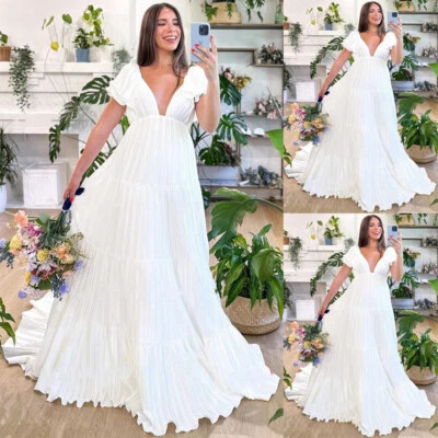Chiffon Boho Wedding Dresses with Ruching Deep V Neck Short Sleeves Bridal Gowns - Image 1 of 4