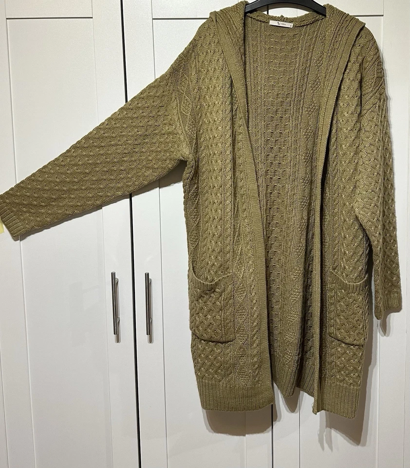 TU  SIZE 14 -  CHUNKY KNIT HOODED LONG CABLE CARDIGAN - OLIVE MUSTARD GREEN  NEW - Image 1 of 4