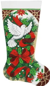Needlepoint Handpainted Lee Christmas Stocking Holly and Dove 23" - Picture 1 of 4