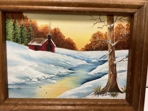 Ölgemälde Winter Cottage Bäume Bach signiert Marguekite F Nacho En Mexico Fra - Bild 1 von 6