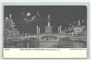 Postal Escena Nocturna en Dreamland Coney Island Nueva York Brillo b - Imagen 1 de 2