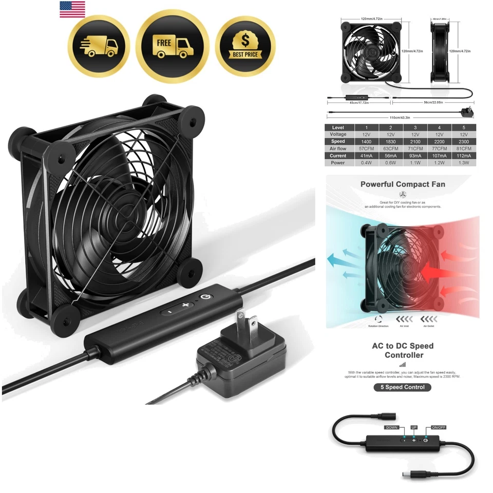 Computer Fan 120mm AC DC Cooling Fan 5 Speed Controller Quiet PC Chassis Fan - Image 1 of 4