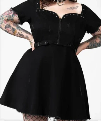 Killstar Gothic Occult Punk Grunge Denim Mini Dress Time Out Spikes Studs Sz XL - Image 1 of 4