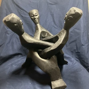 African Hand-Carved Wooden Unity Sculpture Of Three Intertwined Figures - Picture 1 of 6