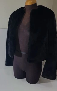 Black Faux Fur Long Sleeve Open Jacket Size XS Soft Fluffy Lined Dressy Formal - Picture 1 of 7