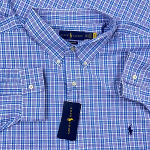 Ralph Lauren Camicia Uomo 2XLT Blu Viola Plaid Bottoni Performance Abito Nylon - Foto 1 di 14