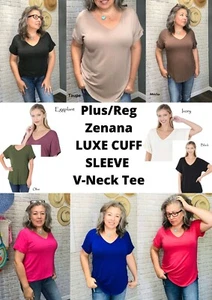 Zenana LUXE CUFF SLEEVE V-Neck Tee T-shirt top S M L XL - Picture 1 of 22